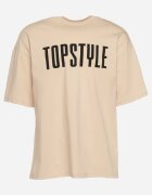  Tricou de bumbac bej cu mânecă scurtă și imprimeuri decorative pe spate și pe față Azariel