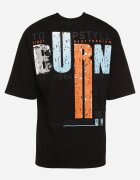  Tricou Negru De Bumbac cu Mânecă Scurtă și Imprimeuri Decorative pe Spate și pe Față Azariel