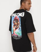  Tricou Negru Oversize din Bumbac cu Imprimeu în Față și pe Spate Mannesha