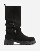tulipano Botine tip biker pe talpă groasă cu curele și catarame decorative Donnitta Negre