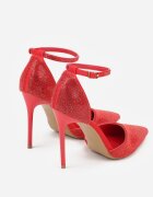 tulipano Pantofi stiletto roșii cu baretă la gleznă și cu ornamente din zirconiu Anwedela