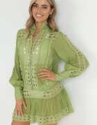  Tunică Verde Tip cutie cu Dantelă și Mânecă Lungă Ahrar