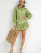  Tunică Verde Tip cutie cu Dantelă și Mânecă Lungă Ahrar