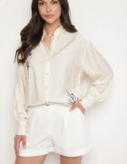 unigirl Cămașă Bej din Viscoză cu Croială Clasică Decorată cu Broderie Korilene