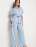 unigirl Compleu Albastru cu Bumbac Cămașă Decorată cu Curea și Pantaloni Rinosella