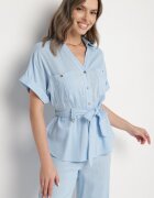 unigirl Compleu Albastru cu Bumbac Cămașă Decorată cu Curea și Pantaloni Rinosella