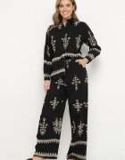 unigirl Compleu Negru din Viscoză în stil Boho Cămașă și Pantaloni Decorați cu Broderie Sarhiris