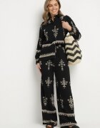 unigirl Compleu Negru din Viscoză în stil Boho Cămașă și Pantaloni Decorați cu Broderie Sarhiris