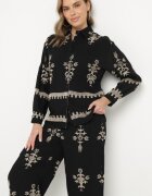 unigirl Compleu Negru din Viscoză în stil Boho Cămașă și Pantaloni Decorați cu Broderie Sarhiris