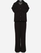 unigirl Compleu Negru Viscoză Cămașă cu Buzunare Decorative și Pantaloni Rinesella