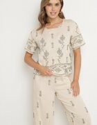 unigirl Compleu tricou și pantaloni largi bej din viscoză decorat cu broderie Tezonea
