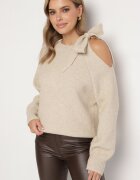 unigirl Pulover Bej Decorat cu Fundă și Decupaj Noredi