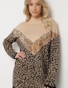 unigirl Pulover Bej leopard decorat cu paiete pufos