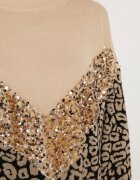 unigirl Pulover Bej leopard decorat cu paiete pufos