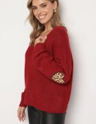 unigirl Pulover Bordeaux cu Lână și Aplicații Decorative pe Coate Norethra