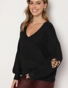 unigirl Pulover Negru cu Lână și Aplicații Decorative pe Coate Norethra