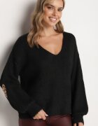unigirl Pulover Negru cu Lână și Aplicații Decorative pe Coate Norethra