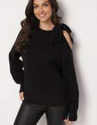 unigirl Pulover Negru Decorat cu Fundă și cu Decupaj Noredi