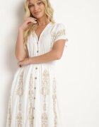 unigirl Rochie Albă Brodată Cambrată cu Bumbac Decorată cu Fir Argintiu și Elastice Ellofia