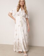 unigirl Rochie Albă Din Viscoză Boho cu Croială Evazată cu Broderie și Legătură Lilvanis