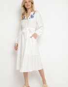 unigirl Rochie Albă din Viscoză cu croială Cloche cu Legătură și Broderie Velvania