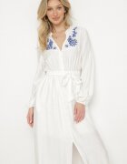 unigirl Rochie Albă din Viscoză cu croială Cloche cu Legătură și Broderie Velvania