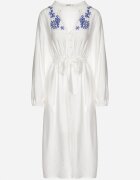 unigirl Rochie Albă din Viscoză cu croială Cloche cu Legătură și Broderie Velvania