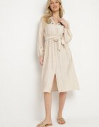 unigirl Rochie Bej cu Vâscoză cu Croială Cloș cu Legătură și Broderie Velvania