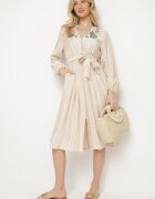 unigirl Rochie Bej cu Vâscoză cu Croială Cloș cu Legătură și Broderie Velvania