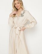unigirl Rochie Bej cu Vâscoză cu Croială Cloș cu Legătură și Broderie Velvania
