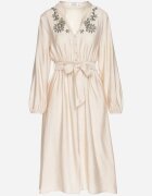 unigirl Rochie Bej cu Vâscoză cu Croială Cloș cu Legătură și Broderie Velvania