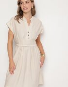 unigirl Rochie Bej din Viscoză cu o croială evazată cu curea Sepina