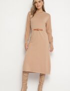 unigirl Rochie Bej închis cu Vâscoză Decorată cu Mâneci plisate și Curea Daikari