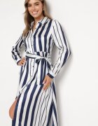 unigirl Rochie Cămașă Alb-Bleumarin cu Legătură în Talie cu Dungi Verticale Nerystia