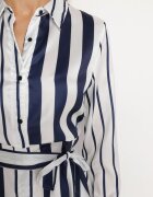 unigirl Rochie Cămașă Alb-Bleumarin cu Legătură în Talie cu Dungi Verticale Nerystia