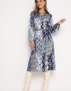 unigirl Rochie Cămașă Albastru-Bleumarin cu Model Ornamental cu Curea din Material Drusial