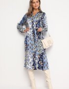 unigirl Rochie Cămașă Albastru-Bleumarin cu Model Ornamental cu Curea din Material Drusial