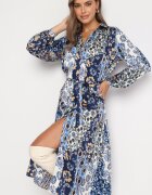 unigirl Rochie Cămașă Albastru-Bleumarin cu Model Ornamental cu Curea din Material Drusial