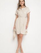 unigirl Rochie Cămașă Bej cu Bumbac cu Curea Decorativă și Buzunare Efrissa