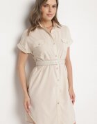 unigirl Rochie Cămașă Bej cu Bumbac cu Curea Decorativă și Buzunare Efrissa