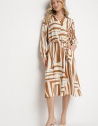 unigirl Rochie-camașă bej cu viscoză cu imprimeu geometric legată în talie Ninalora