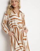 unigirl Rochie-camașă bej cu viscoză cu imprimeu geometric legată în talie Ninalora