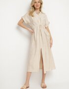 unigirl Rochie cămașă bej cu viscoză cu legătură în talie Polliana