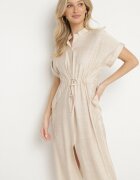 unigirl Rochie cămașă bej cu viscoză cu legătură în talie Polliana