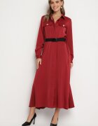 unigirl Rochie cămașă bordo din satin decorată cu o curea și imitații de buzunare Vamilea