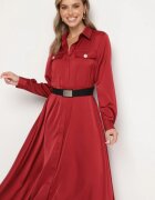 unigirl Rochie cămașă bordo din satin decorată cu o curea și imitații de buzunare Vamilea