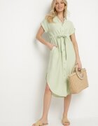 unigirl Rochie Cămașă din Vâscoză Evazată Verde cu Curea Textilă Katessae