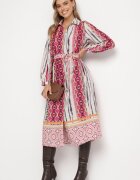 unigirl Rochie Cămașă Fucsia-Bej cu model mozaic și curea legată Lilimea