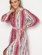 unigirl Rochie Cămașă Fucsia-Bej cu model mozaic și curea legată Lilimea