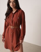 unigirl Rochie Cămașă Maro cu Mâneci Ajustabile și Cordon în Talie Esarivia